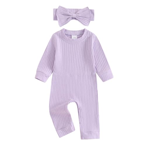 Newborn Baby Girl Fall Outfits Long Sleeve Ribbed Romper Jumpsuit with Headband Set Infant Girl Clothes