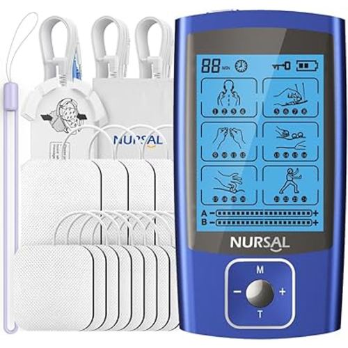 NURSAL TENS EMS Unit Muscle Stimulator for Pain Relief Therapy, Electric 24 Modes Dual Channel TENS Machine Pulse Massager with 12 Pcs Electrode Pads/Continuous Stable Mode/Memory Function