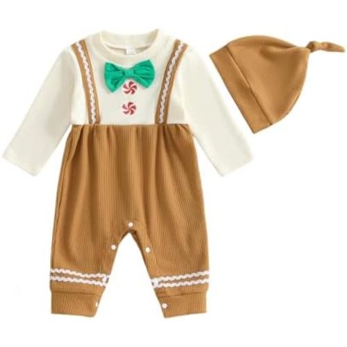 My First Christmas Baby Boy Outfit Newborn Gingerbread Man Romper Waffle Jumpsuit With Hat Cute Xmas Clothes