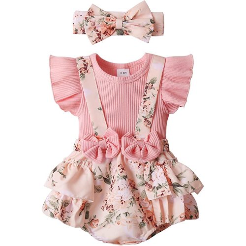 Newborn Baby Girl Clothes Infant Romper Floral Suspender Dress Ruffle Sleeve Onesie Outfit Jumpsuit Headband Spring Summer