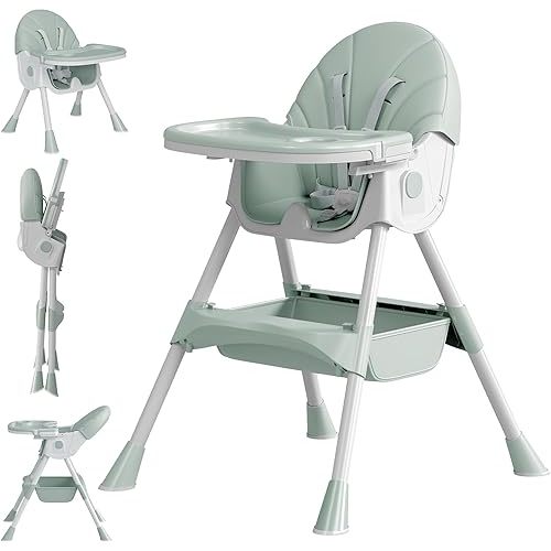 Baby High Chair, 5 in 1 High Chairs for Babies and Toddlers, Travel Foldable High Chair with Foot Rest, Detachable PU Cushion, Double Removable Tray, Adjustable Height & Recline