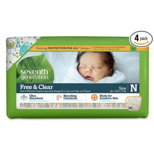 Seventh Generation Free and Clear Sensitive Skin Baby Diapers with Animal Prints, Size Newborn, 144 Count, (Pack of 4)