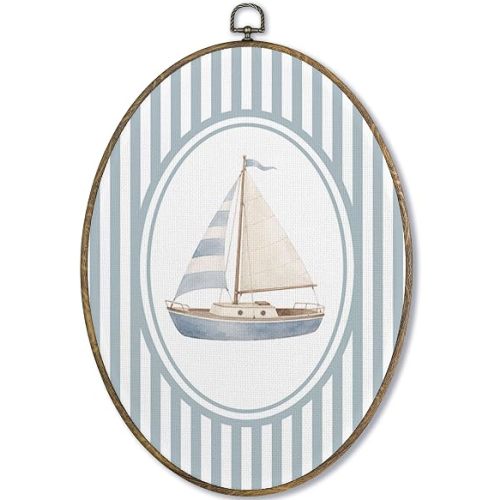 Fewgb Vintage Sailboat Nursery Oval Wall Art Decor, Coastal Nautical Beach Canvas Wall Art Framed Prints for Baby Toddler Kids Room Playroom Bedroom, Boat Ship Hanging Room Decor Picture Artwork 9x12