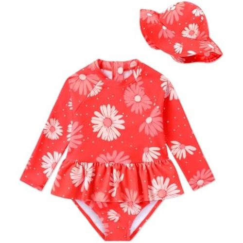 Redair Toddler Girls One Piece Swimsuit Long Sleeve Bathing Suit with Hat UPF 50+ Sun Protection 1-5T