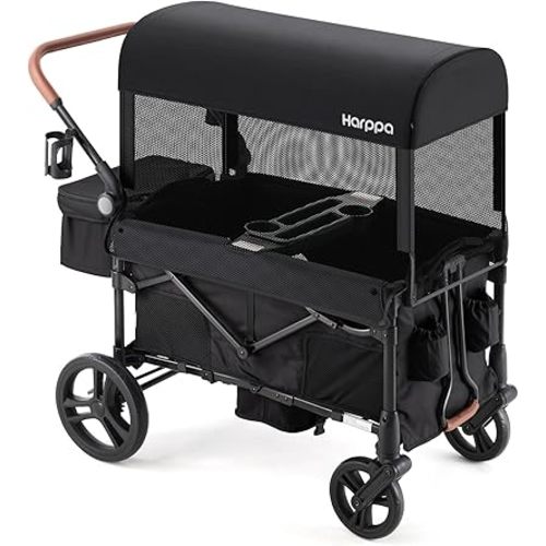 HARPPA All-Terrain Wagon Stroller for 2 Kids, Foldable Outdoor & Beach Stroller Wagon with Removable Canopy Mosquito Net,Adjustable Push & Pull Handle, Footwell & Large Storage, Black