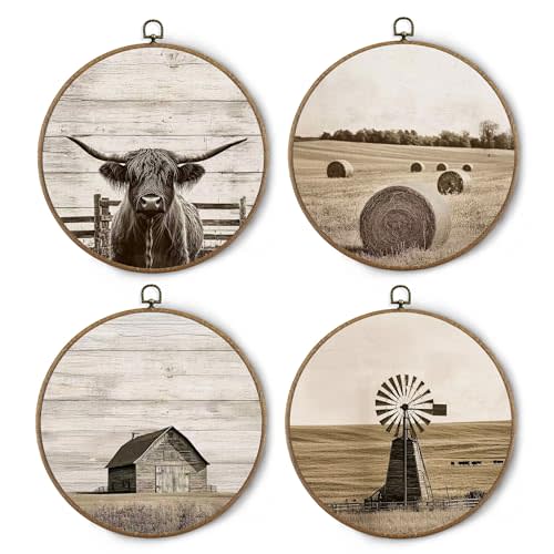BitKAM Vintage Farmhouse Western Cow Round Wall Art Decor, Rustic Country Canvas Prints Framed, Retro Western Prints Wall Hanging Decorations for Home Bedroom, 10x10 Inch Wall Sculptures Set of 4
