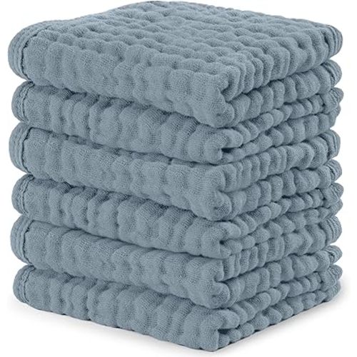 Comfy Cubs Muslin Baby Washcloths 6 Pack Cotton Wash Cloths 10"x10" Pacific Blue