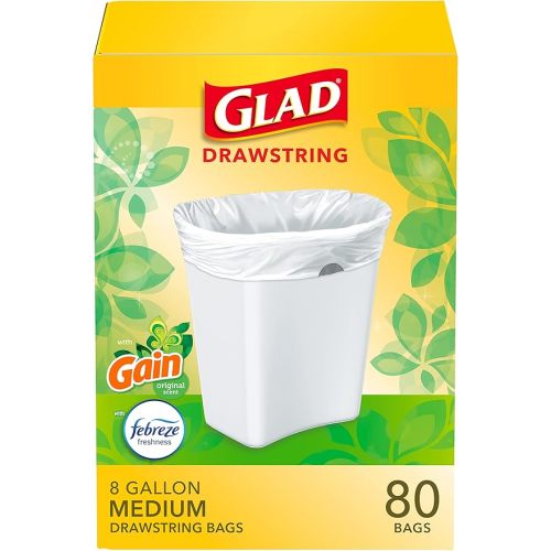 Glad Medium Trash Bags, 8 Gallon, Gain Original with Febreze Garbage Bags, With Odor Control and Drawstring, 80 Count