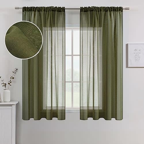 MIULEE Olive Green Linen Textured Sheer Curtains for Bedroom Living Room, Semi Transparent Farmhouse Window Treatment Dark Green Drapes with Rod Pocket 2 Panels W 54 x L 63 inches Long
