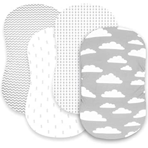 Bassinet Bed Sheets – Premium Bassinet Fitted Sheets 4 Pack – 100% Jersey Knit Cotton Cradle Sheets – Bassinet Bedding for Standard Size Oval or Halo Bassinet Pads – Bassinet Sheet for Boy & Girl