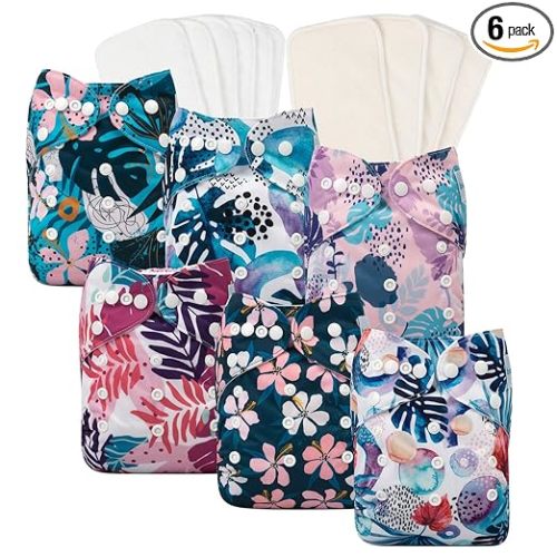 babygoal Reusable Cloth Diapers 6 Pack with 10pcs Inserts, One Size Adjustable Washable Pocket Nappy Covers for Baby Girls and Boys 6FG30