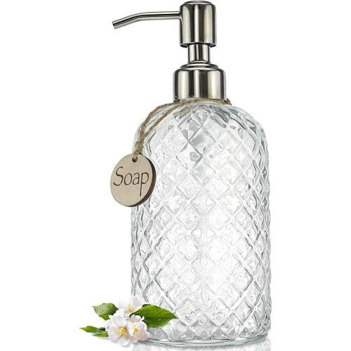 JASAI 18Oz Gem Patterned Clear Glass Soap Dispenser with Rust Proof Pump, Refillable Hand soap Dispenser for Kitchen, Premium Bathroom Soap Dispenser for Dish Soap, Hand soap, Lotion(Clear).
