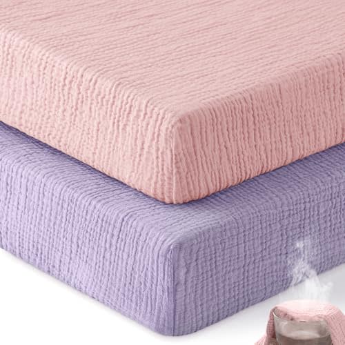 Unnivoll Muslin Crib Sheets for Boys Girls, 100% Cotton Fitted Crib Sheet 2 Pack for Standard Crib and Toddler Mattress, Breathable Soft Baby Sheet 28x52x8in Pink & Purple