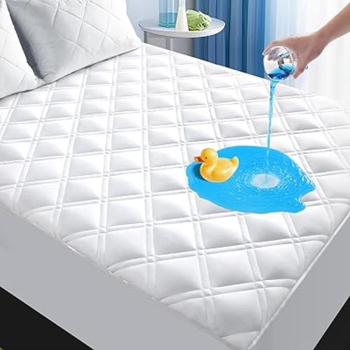 Padded Queen Mattress Protector, Breathable Waterproof Mattress Pad Cover Fitted Deep Pocket 8"-21", Soft Noiseless Mattress Cover Washable Cooling for Home Hotel Bedroom, White