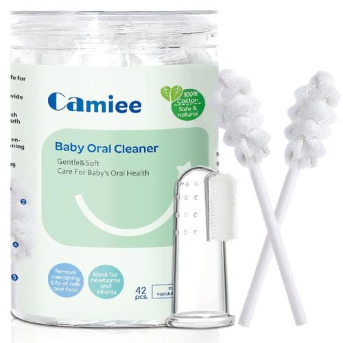 Camiee 42 Pcs Baby Oral Cleaner [Upgrade Spiral Model] One-Time Baby Toothbrush for 0-36 Month Newborn Baby Oral Tongue Gauze Gum Cleaner
