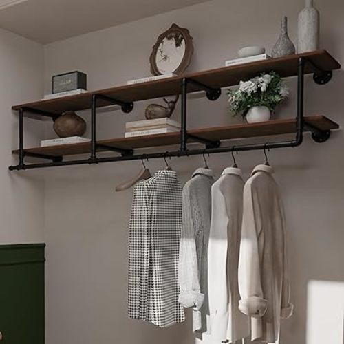 Clothes Rack 72in, Wall Mounted Garment Rack with Real Wood Shelf, Heavy Duty Hanging Clothes Rack, Multi-Purpose Hanging Rod, Space-Saving Closet Storage (2T72in)
