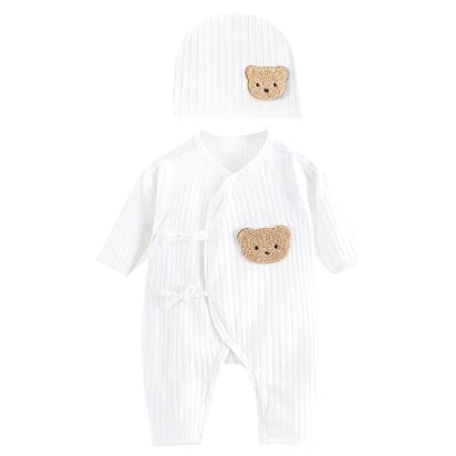 LIANXUE Baby Cotton Jumpsuit & Hat Long Sleeve Romper Infant Coveralls Spring Bodysuit Cartoon Bear Breathable Outfit