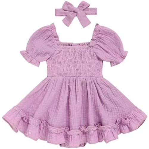 GRNSHTS Baby Girl Romper Dress, Puff Sleeve Smocked Outfit with Headband for Infants Soft Cotton Photo Shoot