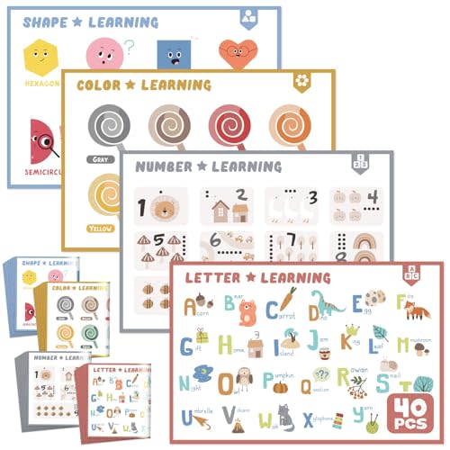 CUTE STONE Disposable Placemats for Baby and Kids, 40-Pack Sticky Toddler Placemats – Perfect for Restaurants, Dining Tables,Picnic, and Travel, 12" x 18" with 4 Fun and Educational Designs
