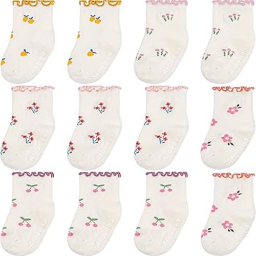 Aroveea Baby Toddle Socks Grip Non Slip Kids Boys Girls Cotton 12 Pack Ankle Cute Newborn Socks
