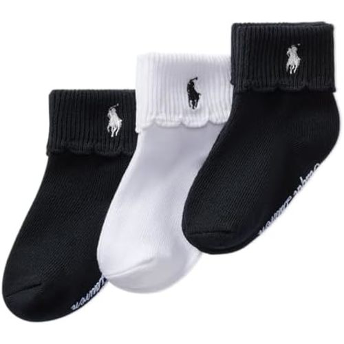 POLO RALPH LAUREN baby-girls Scalloped Edge Turn Cuff Ankle Socks - 3 Pair Pack - Grippers and Soft Cotton