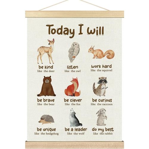 BCUANGD Positive Affirmations Wall Decor - Inspirational Woodland Animals Wall Art Poster Hanger with Wood Frames, Neutral Mental Health Wall Hanging Canvas Decor for Home Kids Room, 12x16 Inches