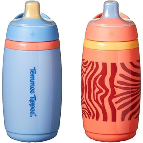 Tommee Tippee Active Spout Toddler Cups, 9 oz, Insulated Sippy Cups For Toddlers 1-3, Silicone Spout, Leak-Proof Valve and Handle, Orange and Blue, Pack of 2