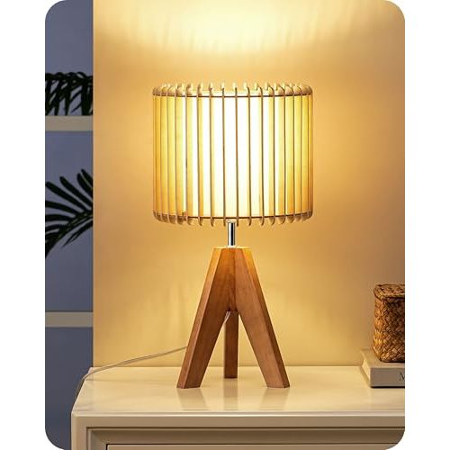 EDISHINE 14.17" Small Table Lamp, Wood Tripod Bedside Lamp, Natural Wood-Colored Hollow & White PVC Shade, E26 Base, Boho Nightstand Lamp for Bedroom, Living Room, Office, Study