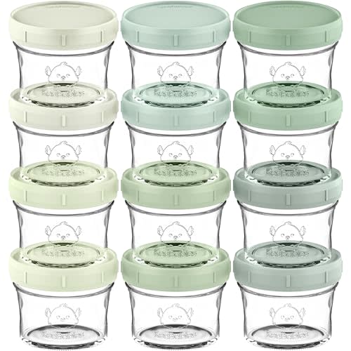 KeaBabies 12pk 4oz Glass Baby Food Containers with Lids, Leak-Proof (Sage) | Microwavable Small Glass Jars, Baby Purees, Toddler Snack Storage Containers, BPA-Free, Dishwasher-safe, Freezer Safe