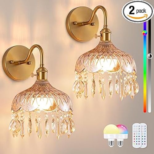 Vintage Battery Operated Set of Two,Wireless Wall Sconces Dimmable Rechargeable Battery, 12 Colors RGB Lamp with Remote for Dining Room Hallway Living Room