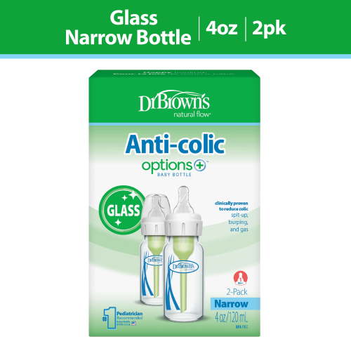 Dr. Brown's Anti-Colic Options+ Narrow Glass Baby Bottle, 4 oz, Slow Flow Nipple, BPA Free, 0m+, 2-Pack
