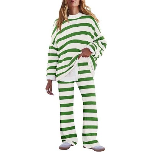 LAMISSCHE Oversized Womens Lounge Set Striped Sweater Set Long Sleeve 2 Piece Pajama Set Top and Pants with Pockets