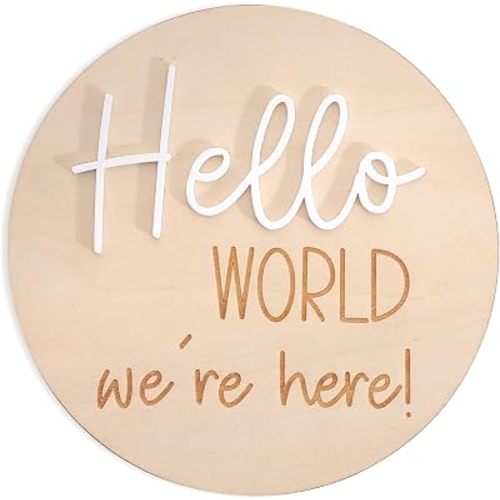 We're Here Newborn Twin Baby Announcement - Nursery Hospital Birth Decoration, Baby Shower Wooden Plaque, Twin Baby Hello World Sign, Wooden Acrylic Newborn Photo Prop,We're Expecting (Hello World)