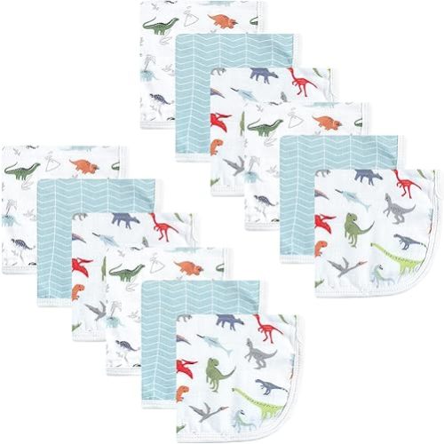 Hudson Baby Unisex Baby Cotton Muslin Washcloths, Dino, 10x10 in