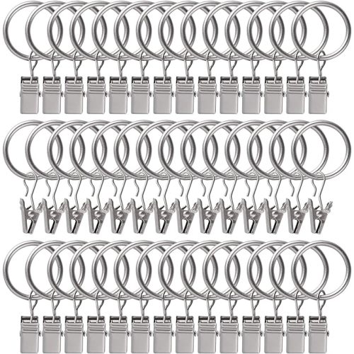 Curtain Rings with Clips Hooks, 100Pcs 1 inch Metal Stainless Steel Drapery Rings Hanger Clips for Tension Rod Bracket Eyelets Decorative Hangers, Matte Silver (1" Interior Diameter)