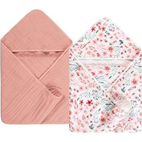 2 Pack Hooded Baby Towel Set Ultra Soft Absorbent Muslin Cotton Bath Towels 35x35 Inches for Newborns, Infants, Toddlers & Kids Ideal Baby Gift Registry Essential (Pink, 35" x 35" (90x90 cm))