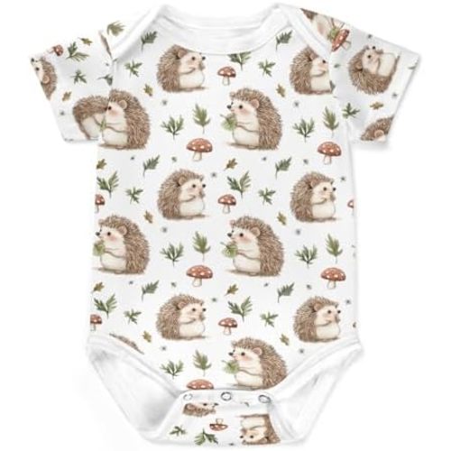 Cute Hedgehogs Mushroom Floral Leaves Baby Bodysuits Wild Animals Infant Outfit Onesie Romper
