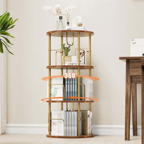 Flycity 3 Tier Rotating Bookshelf, 360Â° Display Rotating Bookcase Corner Storage Rack with Special Visible Partition Storage, Gold