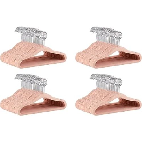 Amazon Basics Kids Space Saving Velvet Non-Slip Clothes Hangers with Shoulder Notches for Infant and Toddler, 11.6", Blush, 50 Count (Pack of 4)