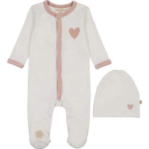 Heart-Patch Velour Footie & Hat Set, Ivory & Pink - Mon Tresor Bebe | Maisonette