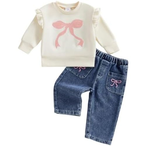 BULINGNA Toddler Baby Girl Clothes Fall Spring Outfit Bow Embroidered Long Sleeve Sweatshirt Denim Jeans Pants 2pcs Set
