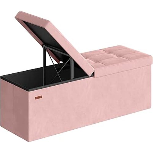 SONGMICS Mazie Collection - 43 Inches Storage Ottoman, Foldable Storage Bench with Flipping Lid, 660 lb Load Capacity, for Entryway, Living Room, Bedroom, Velvet Fabric, Jelly Pink ULSF078SA01