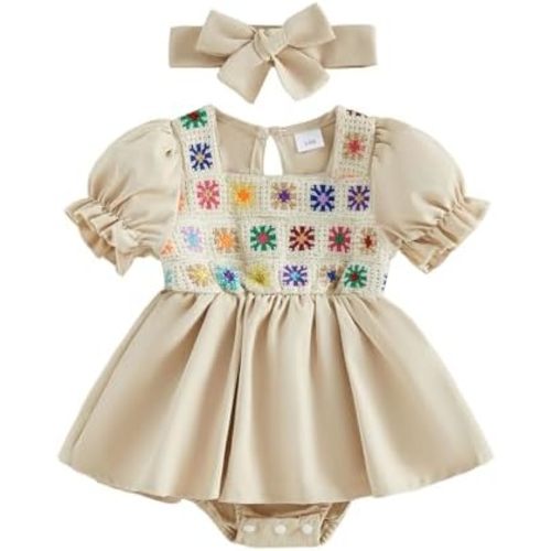 Kavousa Baby Girl Summer Outfits Newborn Flower Embroidered Eyelet Ruffled Hem Short Sleeve Romper and Bow Headband Set