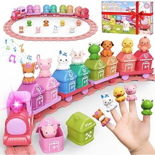 Learning Toys for Toddlers 1 2 3 Year Old,Electric Farm Train Set for Girls 2-4,Counting Matching & Sorting Montessori Train Toy with Farm Animals, Music, Light, Christmas Birthday Gift Baby (Pink)