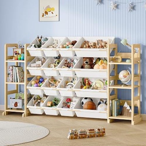 Extra Large Toy Storage - Toy Storage Organizer, Wooden Toy Organizer with 6 Side Shelves and 16 Bins, 3-in-1 Bookshelf for Kids Rooms, Playroom, Nursery, White