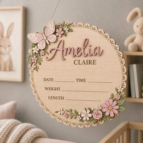Personalized Baby Birth Stats Sign, Custom Newborn Announcement Plaque, Baby Name Sign with Flowers, Girl Nursery Decor Gift