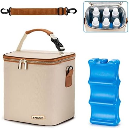 Breastmilk Cooler Bag with Ice Pack Fits 6 Baby Bottles Up to 9 Ounce, Baby Bottle Bag with Shoulder Strap for Nursing Mom Daycare, Cream