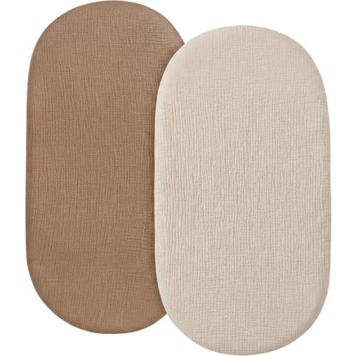 2 Pack Muslin Bassinet Sheets, 100% Cotton, Breathable & Soft (Brown＆Beige)