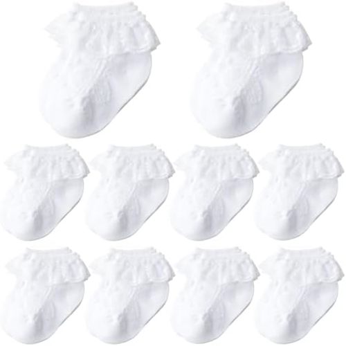 Baby Girl Lace Socks 10 Pack - Newborn Ruffle Frilly Socks Cotton White Ankle Dress Sock for Infant 0-12 Months