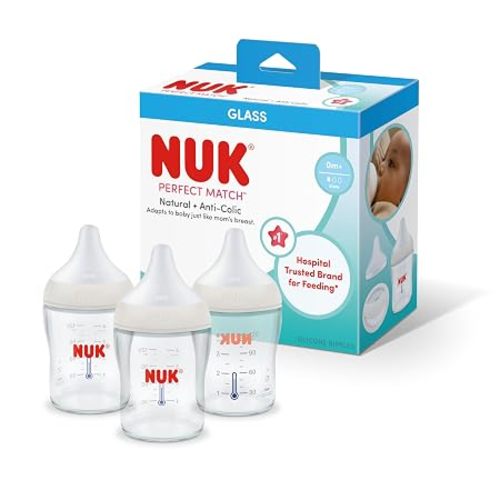 NUK Perfect Match Glass Natural + Anti-Colic Bottle, 4 oz. Glass Baby Bottles with SafeTemp Temperature Indicator, Newborn Essentials, 3-Pack